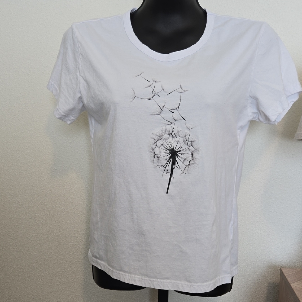 Classic White Short Sleeve Tee with Black Dandelion Graphic